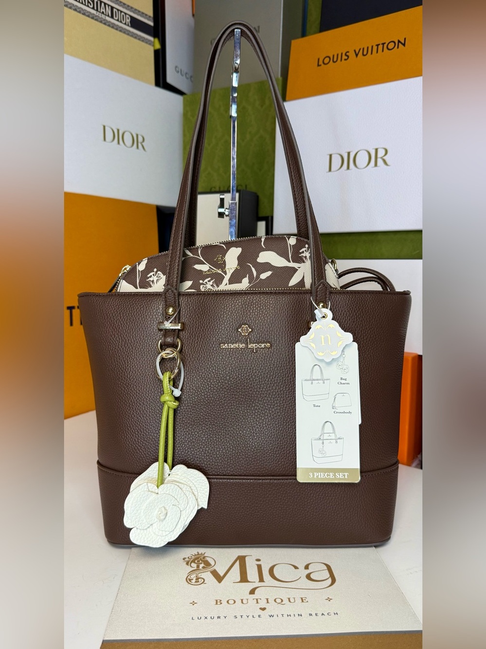 🆕NANETTE LEPORE  Brown Leather Tote Bag with Floral Charm ~Set of 3~